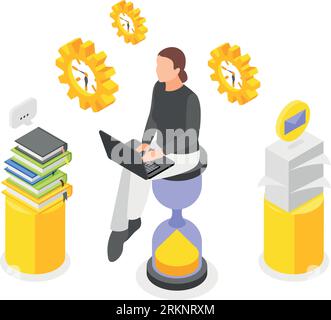 Produttività personale concetto di design isometrico con donna seduta su una grande clessidra circondata da pile di libri illustrazioni vettoriali Illustrazione Vettoriale