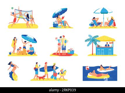 Vacanza in spiaggia sabbiosa con persone che si rilassano nuotando giocando a pallavolo, immagini vettoriali isolate Illustrazione Vettoriale