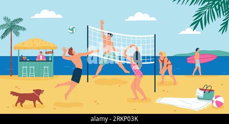 Persone che trascorrono le vacanze sulla spiaggia sabbiosa giocando a pallavolo e facendo surf con l'illustrazione vettoriale piatta Illustrazione Vettoriale