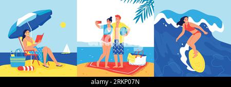 Vacation on sandy beach flat set with people reading on lounge taking selfie and surfing on holidays isolated vector illustration Illustrazione Vettoriale