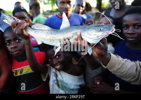 Bildnummer: 57874332  Datum: 04.04.2012  Copyright: imago/Xinhua (120405) -- SALIMA (MALAWI), April 5, 2012 (Xinhua) -- Boys show a fish caught from Lake Malawi at villiage Chitipi in Salima, Malawi, April 4, 2012. Lake Malawi, covering about 24,400 square kilometers, is the home to more than 500 species of fish. Part of it stretches into Malawi s northern neighbors Tanzania and Mozambique. (Xinhua/Ding Haitao) (ybg) MALAWI-SALIMA-LAKE MALAWI PUBLICATIONxNOTxINxCHN Gesellschaft Land Leute Fischer Fischerei x0x xsk 2012 quer      57874332 Date 04 04 2012 Copyright Imago XINHUA  Salima Malawi Ap Stock Photo