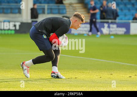 Armco Arena, Solihull, UK, 25 agosto 2023, il portiere di Solihull Moors Tommy Simkin si riscalda durante il Vanarama National League match tra Solihull Moors FC e FC Halifax Town tenutosi al Solihull Moors Armco Arena Credit: Nick Phipps/Alamy Live News Foto Stock