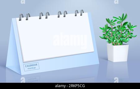 Realistic blank spiral calendar mockup with white sheets on glossy desk with small flowerpot vector illustration Stock Vector