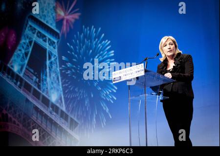 Bildnummer: 57910941  Datum: 17.04.2012  Copyright: imago/Xinhua (120418) -- PARIS, April 18, 2012 (Xinhua) --French presidential candidate and leader of the National Front (FN) Marine Le Pen gives a speech on stage at the Zenith of Paris during a rally in Paris, France, April 17, 2012. Last polls place her third only a few days before the French presidential elections.(Xinhua/Etienne Laurent) FRANCE-PARIS-FN-LE PEN-CAMPAIGN PUBLICATIONxNOTxINxCHN People Politik xda x0x premiumd Wahl Wahlkampf Präsidentschaftswahl 2012 quer      57910941 Date 17 04 2012 Copyright Imago XINHUA  Paris April 18 2 Stock Photo