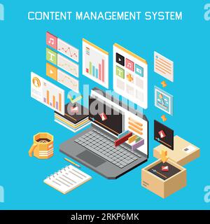 Gestione dei contenuti composizione colorata isometrica con titolo del sistema di gestione dei contenuti e icone isolate illustrazione vettoriale Illustrazione Vettoriale