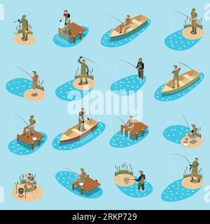 Set di icone isometriche per pescatori con diversi tipi di pesca e illustrazione dei vettori ricreativi Illustrazione Vettoriale