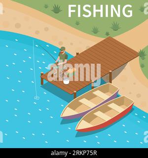 Fishing fisherman colored isometric concept man fishes sitting on a wooden bridge on the bank of a river vector illustration Stock Vector
