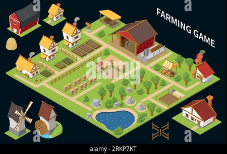 Concetto di gioco colorato e isometrico con titolo di gioco agricolo che ospita alberi e diversi edifici illustrazioni vettoriali Illustrazione Vettoriale