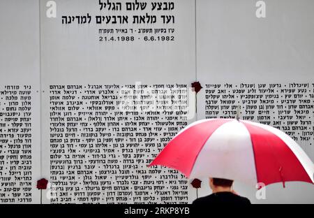 Bildnummer: 57931412 Datum: 25.04.2012 Copyright: imago/Xinhua (120425) -- LATRUN, 25 aprile 2012 (Xinhua) -- una donna ebrea si trova di fronte al muro dei nomi dei soldati corazzati israeliani caduti nel sito commemorativo Yad L shiryon durante una cerimonia di Yom Hazikaron, giornata ufficiale della memoria di Israele per i soldati caduti e le vittime del terrorismo, a Latrun il 25 aprile 2012. Nell'ultimo anno (dal Remembrance Day 2011), un totale di 126 soldati e personale di sicurezza sono caduti mentre servivano lo stato. (Xinhua/Yin Dongxun) MIDEAST-ISRAEL-YOM HAZIKARON PUBLICATIONxNOTxINxCHN Gesellschaft Israel Gedenke Foto Stock