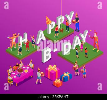 Festa di compleanno dei bambini composizione isometrica con tavolo festivo e bambini durante varie attività divertenti illustrazione vettoriale 3d. Illustrazione Vettoriale