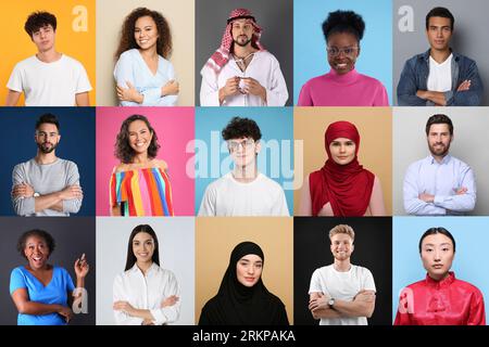 Collage con ritratti di persone su sfondi di colore diverso Foto Stock