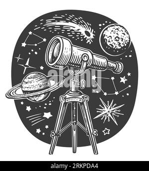 Telescopio, stelle e pianeti. Concetto di astronomia. Illustrazione esplorazione spaziale Foto Stock