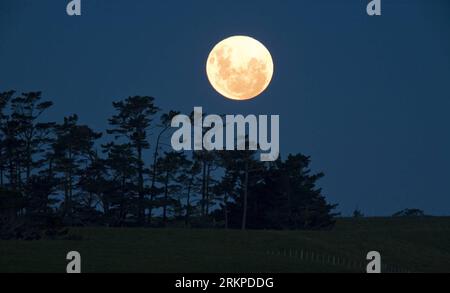 Bildnummer: 57961395  Datum: 06.05.2012  Copyright: imago/Xinhua (120506) -- AUCKLAND, May 6, 2012 (Xinhua) -- Perigee moon rises over farmland, Taranaki region in western North Island, New Zealand, May 6, 2012. The moon appears larger and brighter than normal on Sunday as its closest approach to Earth coincides with a full moon. On Sunday, the moon looks 14 percent larger and 30 percent brighter than usual. The scientific term for the phenomenon is perigee moon, but it is also known as a super moon . (Xinhua/Jane Dove Juneau) (cl) NEW ZEALAND-SUPER MOON PUBLICATIONxNOTxINxCHN Gesellschaft Mon Stock Photo