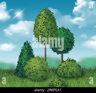 Green bushes and small trees ornamental plants in background with blue sky realistic vector illustration Illustrazione Vettoriale