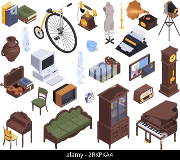 Antiquarian antique isometric set of isolated icons with vintage furniture goods and devices on blank background vector illustration Stock Vector
