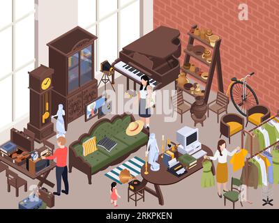 Antiquarian antique isometric composition with indoor scenery and human characters looking at vintage goods and clothes vector illustration Stock Vector