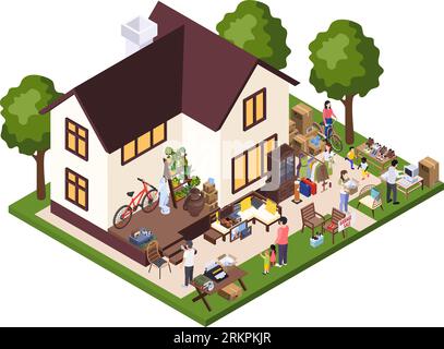 Composizione isometrica antichissima con vista isolata della casa con merci in vendita e caratteri umani illustrazioni vettoriali Illustrazione Vettoriale