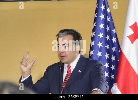 Bildnummer: 58073882  Datum: 05.06.2012  Copyright: imago/Xinhua (120606) -- BATUMI, June 6, 2012 (Xinhua) -- Georgian President Mikheil Saakashvili attend a press conference with visiting US Secretary of State HillaryClinton (not in the picture) at the Public Service Hall in Batumi, Georgia, June 5, 2012. (Xinhua/Yi Gaochao)(ctt) GEORGIA-US-CLINTON-VISITING PUBLICATIONxNOTxINxCHN People Politik xjh x1x premiumd 2012 quer     58073882 Date 05 06 2012 Copyright Imago XINHUA  Batumi June 6 2012 XINHUA Georgian President Mikheil Saakashvili attend a Press Conference With Visiting U.S. Secretary o Stock Photo