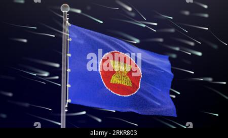 Bandiera dell'ASEAN composta da punti luminosi, vista dal basso. Fluttua nel vento. Vettore. Illustrazione Vettoriale