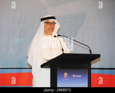 Bildnummer: 58156972 Datum: 27.06.2012 Copyright: imago/Xinhua (120627) -- DUBAI, 27 giugno 2012 (Xinhua) -- il Dr. Anwar Mohamed Gargash, ministro degli affari Esteri degli Emirati Arabi Uniti, affronta la cerimonia di apertura della seconda Conferenza contro la pirateria marina a Dubai, negli Emirati Arabi Uniti, 27 giugno 2012. Lo sceicco Sharif Sheikh Ahmed, presidente del governo federale di transizione della Somalia, ha affermato mercoledì che il suo paese ha bisogno di più sostegno finanziario e militare dall'estero per combattere il terrorismo e la pirateria. (Xinhua/ma Xiping) UAE-COUNTER PUBLICATIONxNOTxINxCHN P Foto Stock