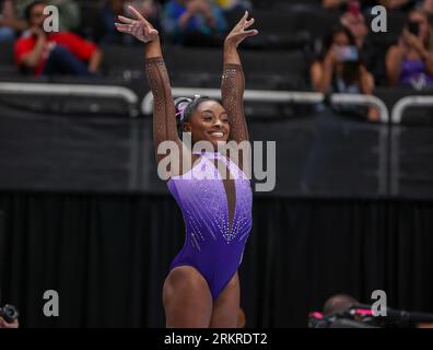 August 25, 2023: Simone Biles salutes the judges during Woman's Day 1 of the 2023 U.S. Gymnastics Championships at SAP Arena in San Jose, CA. Kyle Okita/CSM Credit: Cal Sport Media/Alamy Live News Stock Photo