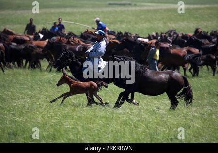 Bildnummer: 58302462 Datum: 02.08.2012 Copyright: imago/Xinhua (120802) --HEXIGTEN QI, 2 agosto 2012 (Xinhua) -- i cavalieri mostrano abilità equestri durante l'apertura della fiera Nadam a Hexigten Qi della città di Chifeng, regione autonoma della Mongolia interna della Cina del nord, 2 agosto 2012. Nadam, che significa intrattenimento e gioco in lingua mongola, è un festival popolare del gruppo etnico mongolo. Durante l'evento, i residenti locali parteciperanno ad attività come corse di cavalli e lotta mongola, ecc. (Xinhua/HE Binggang) (cl) CINA-MONGOLIA INTERNA-HEXIGTEN QI-NADAM (CN) PUBLICATIONxNOTxINxCHN Gesellsch Foto Stock