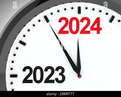 L'orologio nero con cambiamento del 2023-2024 rappresenta il nuovo anno 2024, rendering tridimensionale, illustrazione 3D. Foto Stock