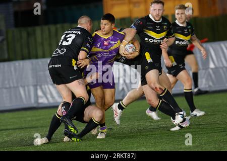 Newcastle, UK. 25th August 2023. Mitch Clark of Newcastle Thunder is held during the BETFRED Championship match between Newcastle Thunder and York City Knights at Kingston Park, Newcastle on Friday 25th August 2023. (Photo: Chris Lishman | MI News) Credit: MI News & Sport /Alamy Live News Stock Photo