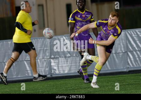 Newcastle, UK. 25th August 2023. Alex Donaghy of Newcastle Thunder passes during the BETFRED Championship match between Newcastle Thunder and York City Knights at Kingston Park, Newcastle on Friday 25th August 2023. (Photo: Chris Lishman | MI News) Credit: MI News & Sport /Alamy Live News Stock Photo