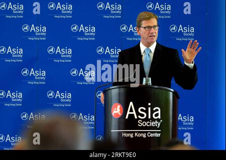 Bildnummer: 58411795  Datum: 31.08.2012  Copyright: imago/Xinhua (120831) -- HONG KONG, Aug. 31, 2012 (Xinhua) -- German foreign minister Guido Westerwelle addresses a luncheon held by Asia Society Hong Kong Center in Hong Kong, south China, Aug. 31, 2012. Westerwelle said here on Friday that the term euro crisis is misleading , and what Europe is facing now is debt crisis , which extends into a crisis of confidence. (Xinhua/Chen Xiaowei) (mcg) CHINA-HONG KONG-GERMAN FM-WESTERWELLE-ADDRESS (CN) PUBLICATIONxNOTxINxCHN Politik People Asia Society HongKong premiumd Porträt x0x xtc 2012 quer Stock Photo