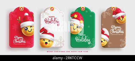 Design set vettoriale tag emoji natalizi. Buon natale e felice anno nuovo testo con emoji simpatici personaggi per la collezione di etichette regalo. Vettore Illustrazione Vettoriale
