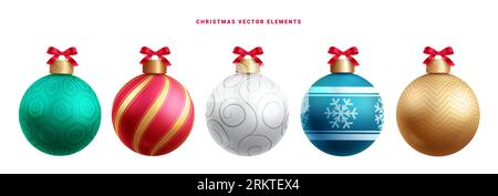 Christmas balls vector set design. Christmas balls with pattern, bauble sphere, round shape objects isolated in white background. Vector illustration Illustrazione Vettoriale