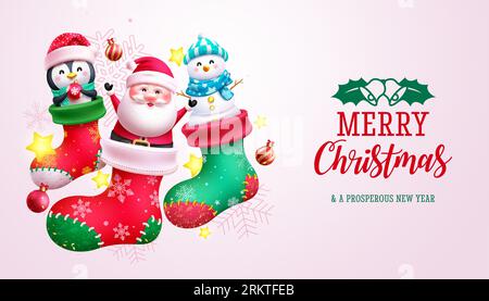 Buon natale, testo vettoriale. Calze natalizie con personaggi natalizi come babbo natale, pinguini e decorazioni pupazzi di neve. Vettore Illustrazione Vettoriale