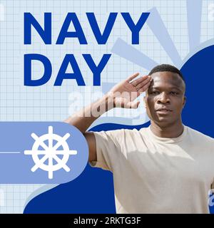 Composite of navy day text with steering wheel over african american army soldier saluting on grid Stock Photo