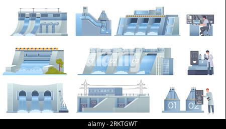 Set di centrali idroelettriche in stile piatto isolate su sfondo bianco illustrazione vettoriale Illustrazione Vettoriale