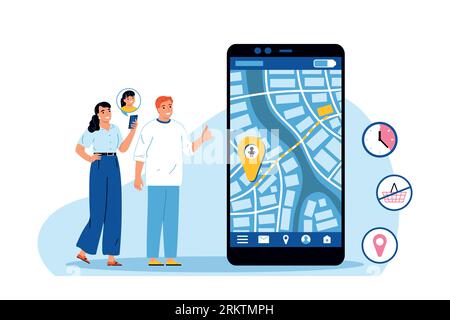 Parental control composition with doodle style characters of parents with smartphone location app and round pictograms vector illustration Stock Vector