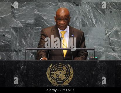 120927 -- NEW YORK, Sept. 27, 2012 Xinhua -- Lesotho s Prime Minister Thomas Motsoahae Thabane addresses the General Debate of the 67th session of the UN General Assembly at the UN headquarters in New York, the United States, Sept. 27, 2012, as the week-long event entered into its third day here on Thursday. Xinhua/Shen Hong UN-NEW YORK-GENERAL ASSEMBLY-GENERAL DEBATE PUBLICATIONxNOTxINxCHN Stock Photo