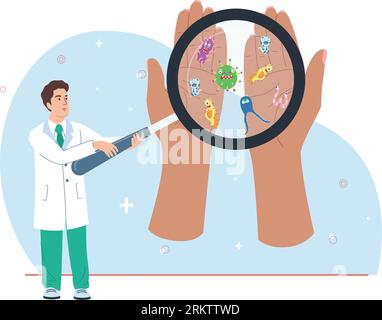 Washing hands flat composition with doctor holding magnifying glass at dirty human hands with bacterium and microbes vector illustration Illustrazione Vettoriale