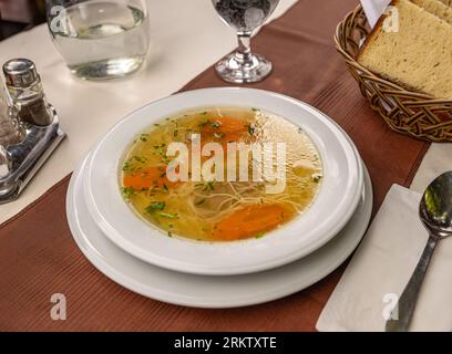 Zuppa di spaghetti di pollo con prezzemolo e verdure in un piatto bianco Foto Stock