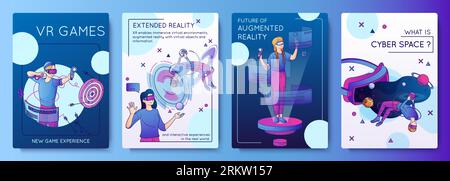 Flat set of vertical cyberspace posters with people playing virtual augmented mixed reality games isolated vector illustration Illustrazione Vettoriale