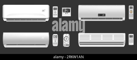 Set realistico di diversi moderni condizionatori d'aria con telecomandi e termostati su sfondo nero illustrazioni vettoriali isolate Illustrazione Vettoriale