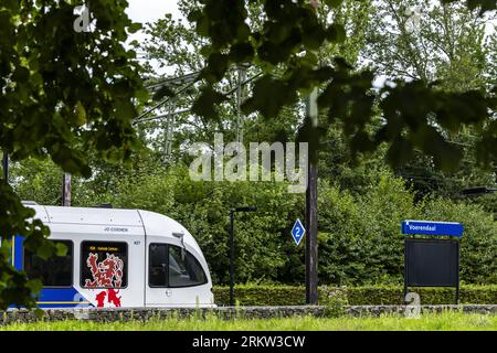 VOERENDAAL - un treno arriva sul binario tra Heerlen e Valkenburg dove ProRail ha rimosso un set di tasso. I castelli si trovavano nell'argine ferroviario e minacciavano di rendere instabile la ferrovia. A causa del lavoro, nessun treno ha corso sul percorso per quasi un mese. ANP MARCEL VAN HOORN paesi bassi Out - belgio Out credito: ANP/Alamy Live News Foto Stock