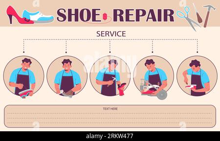 Infografica piatta servizio di riparazione scarpe con campo di testo e illustrazione vettoriale per la riparazione e la pulizia delle calzature Illustrazione Vettoriale