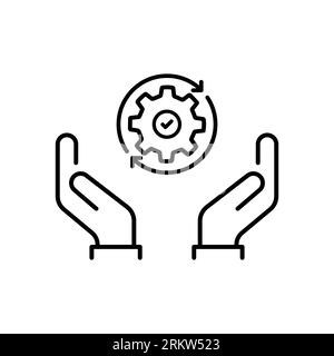 hand holding gear like optimize system icon. linear trend modern simple digital perform logotype graphic stroke design web element isolated on white. Stock Vector