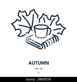 Icona autunnale. Foglie d'acero, tazza di caffè, taccuino. Tratto modificabile. Icona vettore semplice Illustrazione Vettoriale