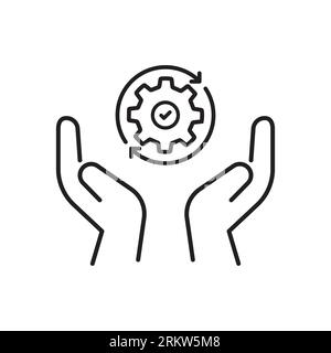 hand holding gear like optimize system icon. linear trend modern simple digital perform logotype graphic stroke design web element isolated on white. Stock Vector