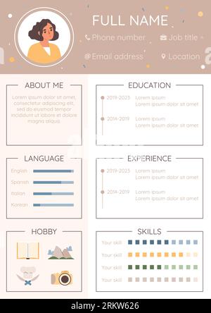 Riprendi la composizione dell'infografica piatta del lavoro cv con esempi di abilità di testo modificabili nell'applicazione del lavoro e illustrazione del vettore avatar Illustrazione Vettoriale