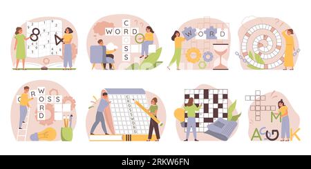 Crossword sudoku set piatto di composizioni rotonde isolate con personaggi umani doodle che riempiono numeri e lettere illustrazione vettoriale Illustrazione Vettoriale