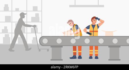 Tired sweating factory workers in uniform working on conveyor line flat vector illustration Stock Vector