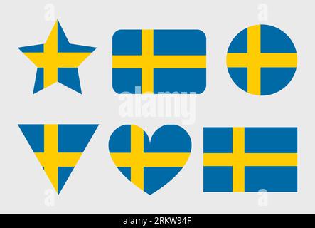 Icone vettoriali della bandiera svedese Set di illustrazioni a forma di cuore, stella, cerchio e mappa. Illustrazione Vettoriale